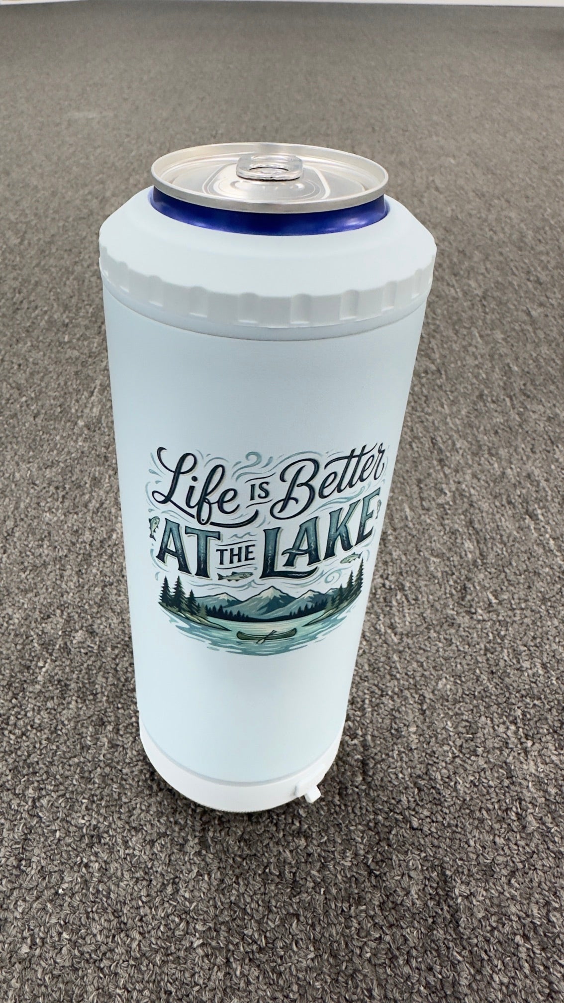 Life is better at the lake 4 in 1 metal Bluetooth Koozie.